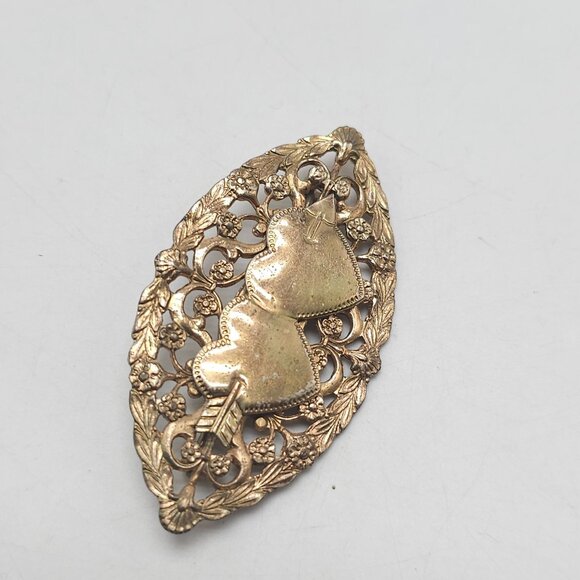 Vtg 1930s Gold Tone Sweetheart Valentines Cupids Bow Hearts Brooch - Picture 2 of 5